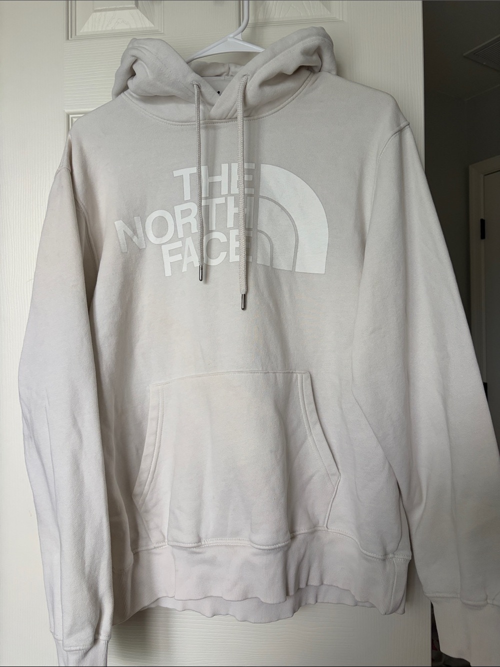 The North Face Men's Cream Crewneck Hoodie with White Logo